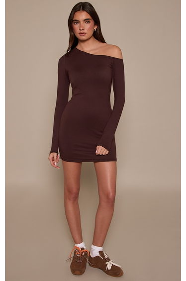 Chocolate Soft Touch Jersey Asymmetric Bodycon Dress