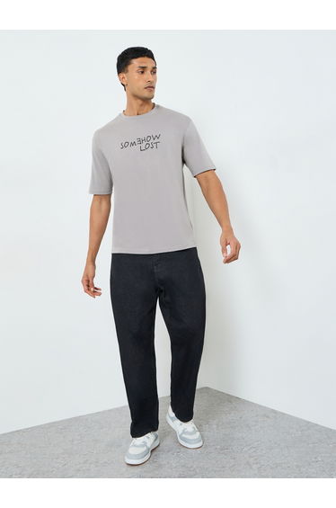 Men Grey Slogan Print Oversized T-Shirt