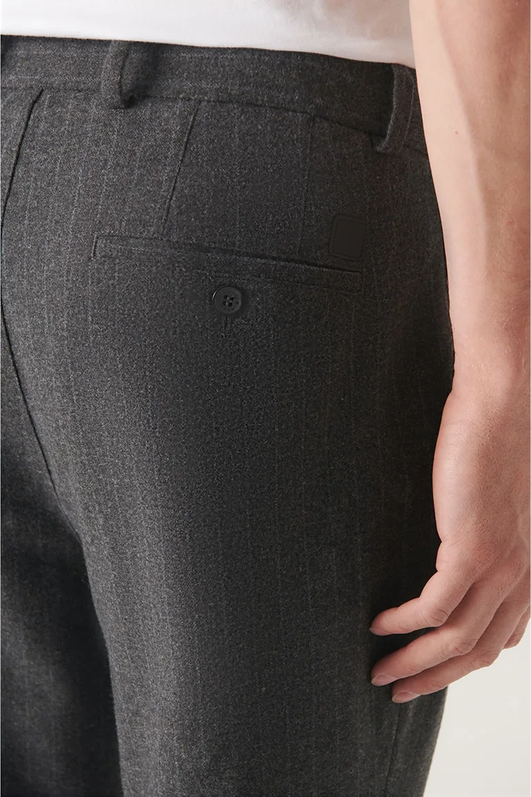 Men's Anthracite Wool Pleated Stripe Relaxed Fit Casual Cut Suit Pants - 4