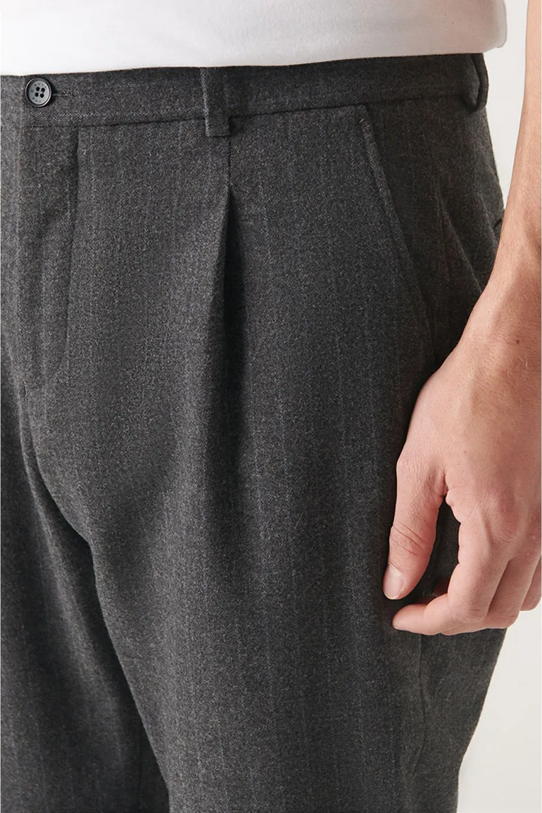 Men's Anthracite Wool Pleated Stripe Relaxed Fit Casual Cut Suit Pants - 3
