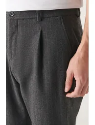 Men's Anthracite Wool Pleated Stripe Relaxed Fit Casual Cut Suit Pants - 3