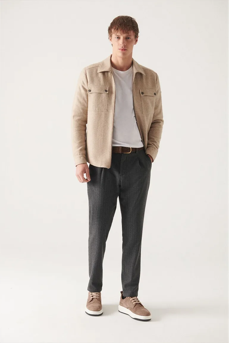 Men's Anthracite Wool Pleated Stripe Relaxed Fit Casual Cut Suit Pants