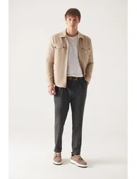 Men's Anthracite Wool Pleated Stripe Relaxed Fit Casual Cut Suit Pants