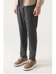Men's Anthracite Wool Pleated Stripe Relaxed Fit Casual Cut Suit Pants - 1