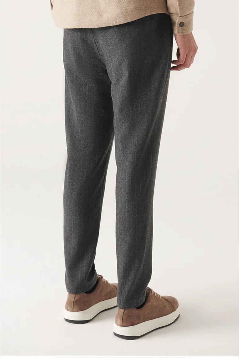 Men's Anthracite Wool Pleated Stripe Relaxed Fit Casual Cut Suit Pants - 2