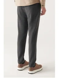 Men's Anthracite Wool Pleated Stripe Relaxed Fit Casual Cut Suit Pants - 2