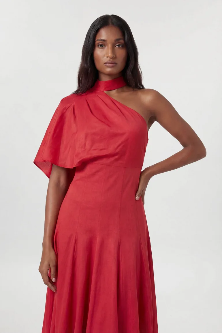 Premium Tailored Linen High Neck One Shoulder Full Midi Dress - 1