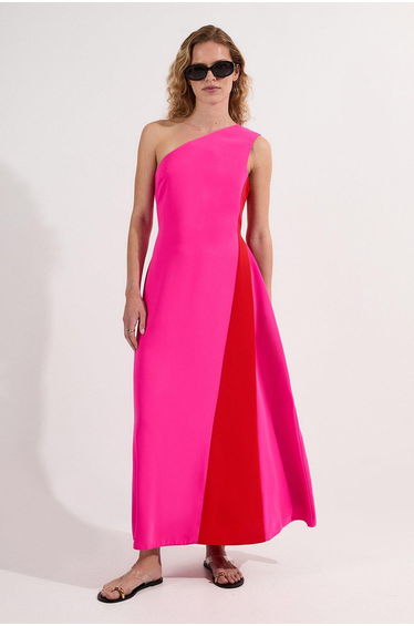 Soft Tailored Asymmetric Neck Full Skirted Tailored Maxi Dress