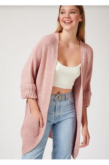 Women's Pink Oversize Long Pocket Knitwear Cardigan