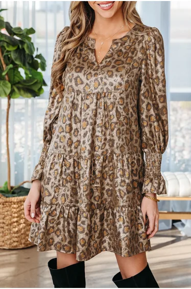 Lvness Khaki Leopard Print V Neck Ruffled Sleeve Tiered Loose Mini Dress