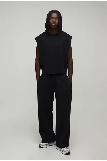 Shrunken Premium Interlock Tank And Wide Leg Jogger Set - black