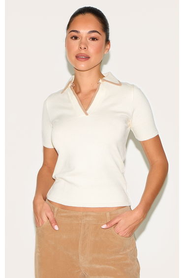 Cream Knitted Contrast Polo Collar Top
