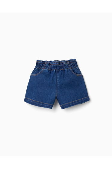 Denim shorts with paperbag waist and pockets for baby girls blue