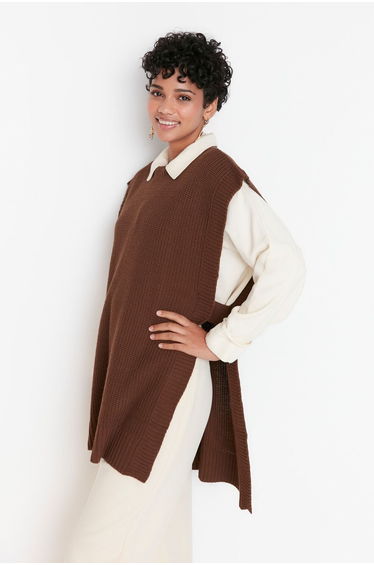 Brown Slit Detailed Knitwear Sweater