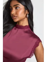 Satin High Neck Maxi Dress with Lace Trim - plum - 3