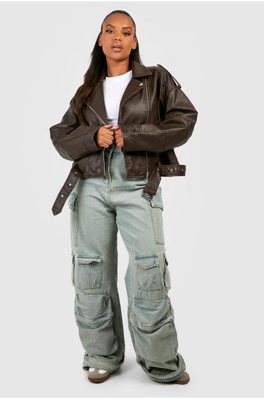Plus Vintage Faux Leather Crop Biker Jacket - brown