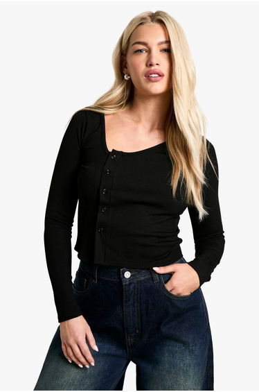 Rib Asym Neck Button Through Top