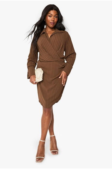 PLUS LINEN LOOK STRIPE DRESS - mocha