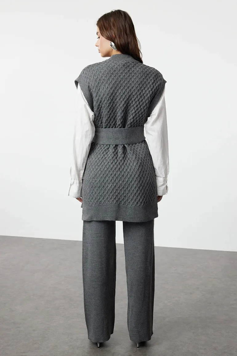 Anthracite Belted Brass Knitted Sweater-Pants Knitwear Bottom-Top Set - 2