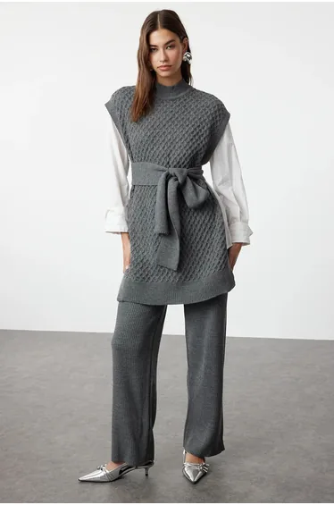 Anthracite Belted Brass Knitted Sweater-Pants Knitwear Bottom-Top Set