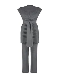 Anthracite Belted Brass Knitted Sweater-Pants Knitwear Bottom-Top Set - 5