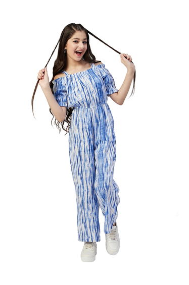 Girls Blue Tie-Dye Cold Shoulder Jumpsuit
