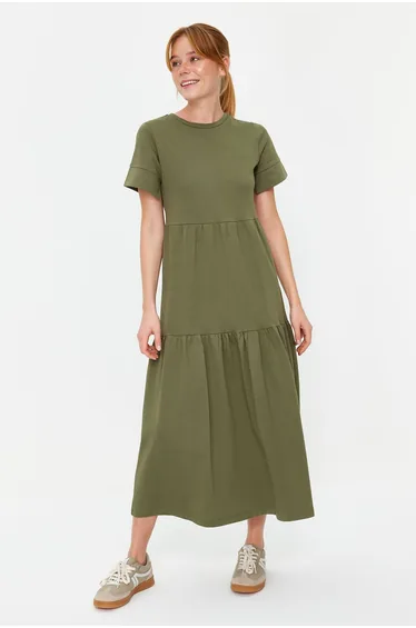 Khaki Gathered Skirt Ruffled Maxi Short Sleeve Crew Neck Knitted Dress