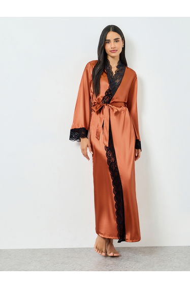 Bronze Lace Trim Long Sleeve Robe