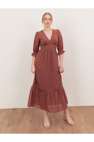 Lovedrobe Terracotta Pink Gingham V Neck Midaxi Dress