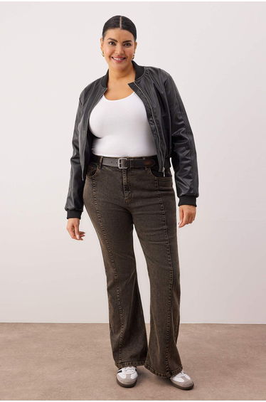 Exclusive collection brown high waist ribbed spanish leg plus size flare jeans