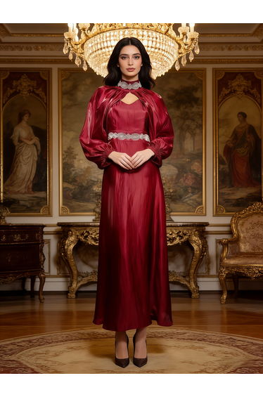 Women Burgundy Embellished Cape Sleeve Maxi Dress