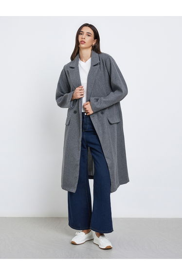 Grey Regular Fit Wool Like Button Coat