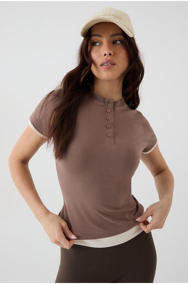 DSGN Studio Contrast Button Detail Short Sleeve Top - mocha