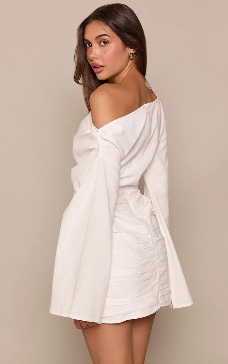 White Linen Look Boat Neck Ruched Bodycon Dress - 2