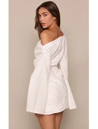 White Linen Look Boat Neck Ruched Bodycon Dress - 2