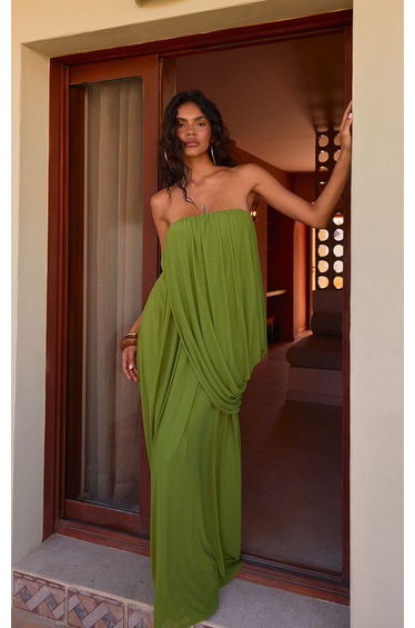 Green Mesh Drape Bandeau Maxi Dress