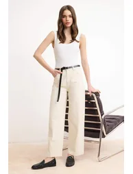 Ecru High Waist Stitching Detailed Barrel Jeans - 1