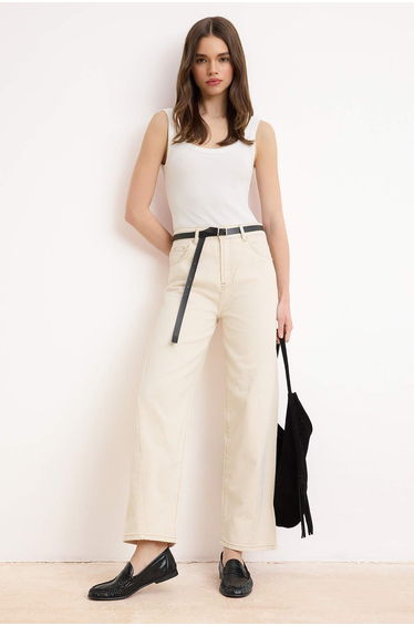 Ecru High Waist Stitching Detailed Barrel Jeans