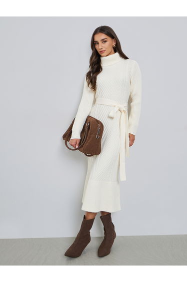 Off White Midi Sweater Dress with Belt