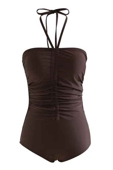 Halter Neck Ruched Front Swimsuit in Brown