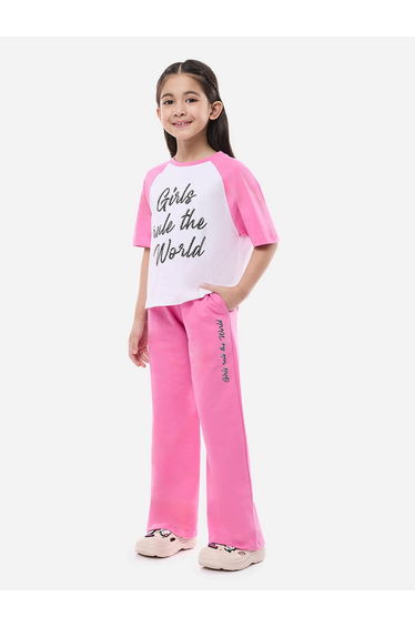 Slogan Print Knit Crop Top and Wide-Leg Pants Set