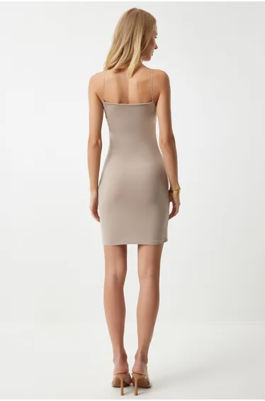 Women's Dark Beige Rope Strap Jersey Mini Dress