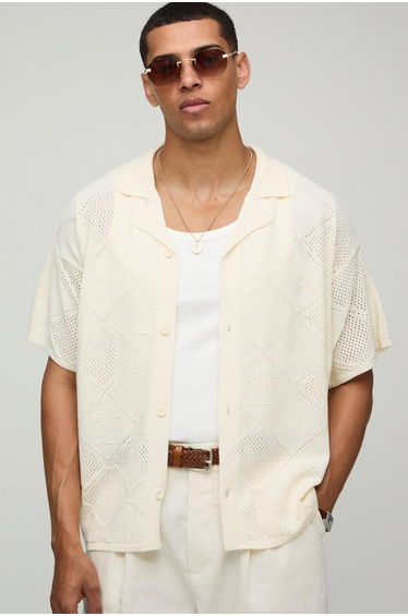 Pour Homme Boxy Fit Patchwork Knitted Shirt - ecru