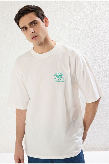 Ecru Oversize/Wide Cut Tennis Printed 100% Cotton T-Shirt