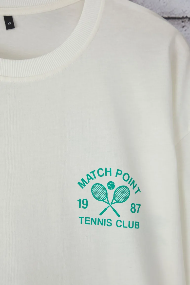 Ecru Oversize/Wide Cut Tennis Printed 100% Cotton T-Shirt - 2