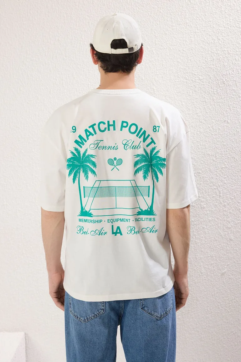 Ecru Oversize/Wide Cut Tennis Printed 100% Cotton T-Shirt - 6