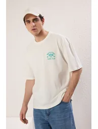 Ecru Oversize/Wide Cut Tennis Printed 100% Cotton T-Shirt - 4
