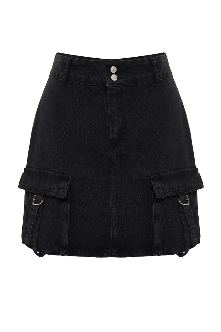 Black Denim Skirt with Cargo Pocket - 9