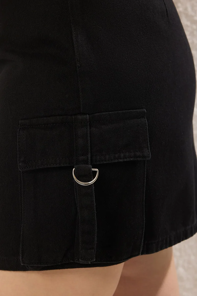 Black Denim Skirt with Cargo Pocket - 2