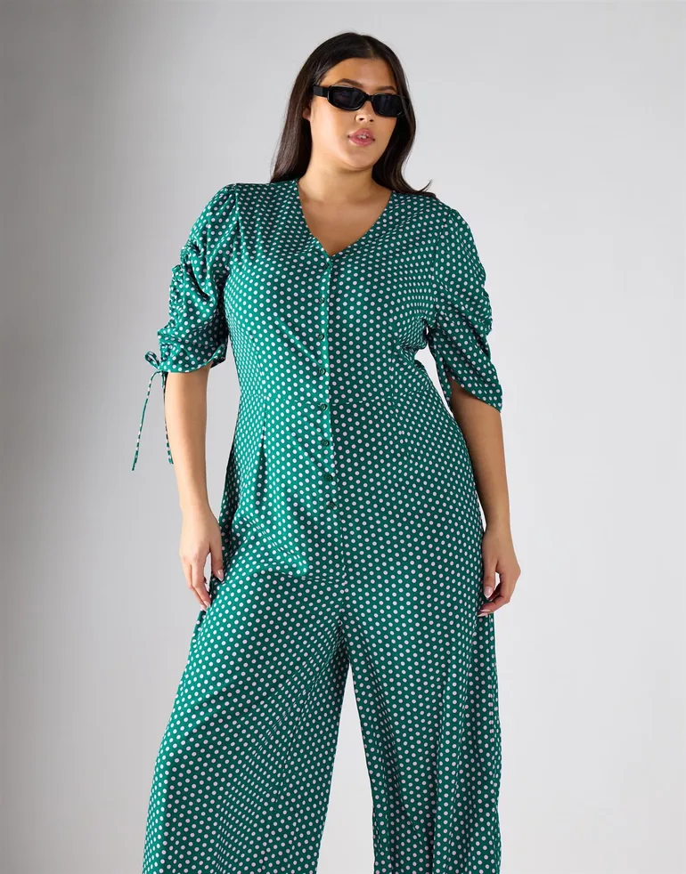 Glamorous Curve Green Lilac Spot Jumpsuit - 1